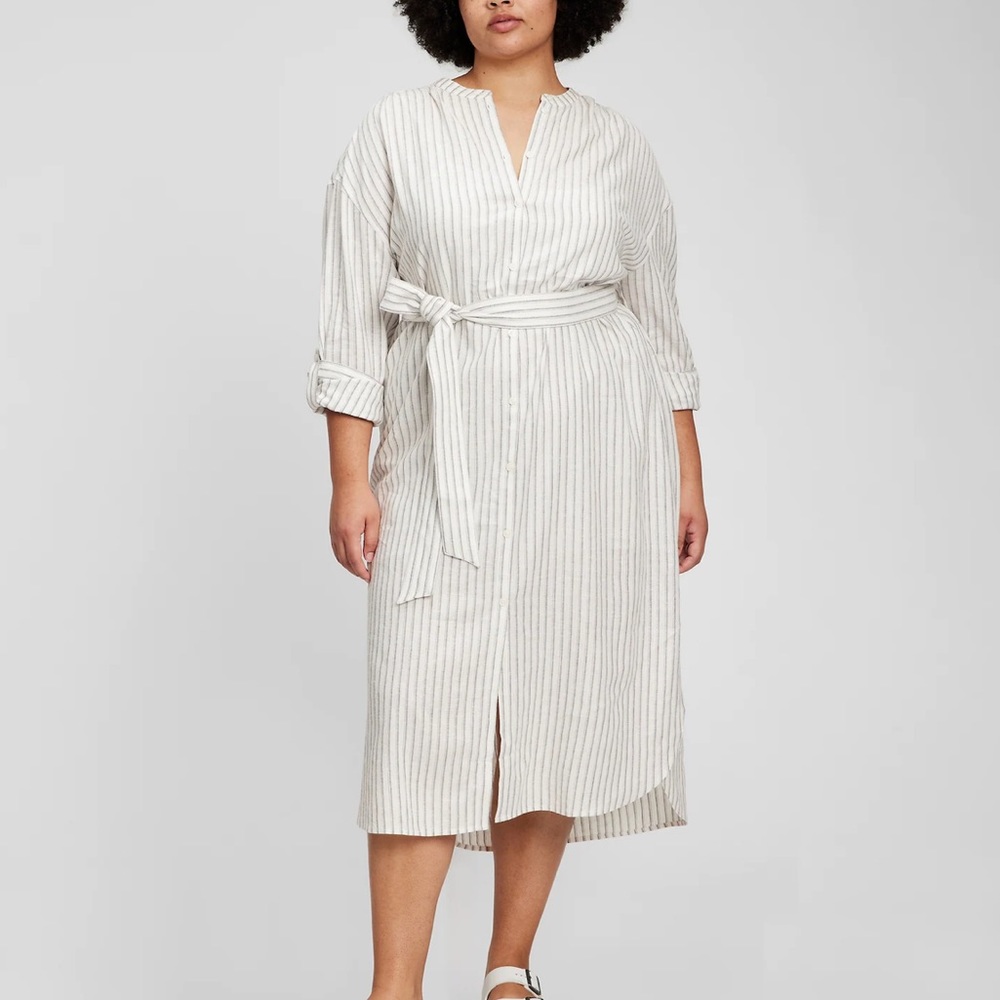 GAP Petite Linen Blend Belted Shirtdress P-Large in Grey/White stripe